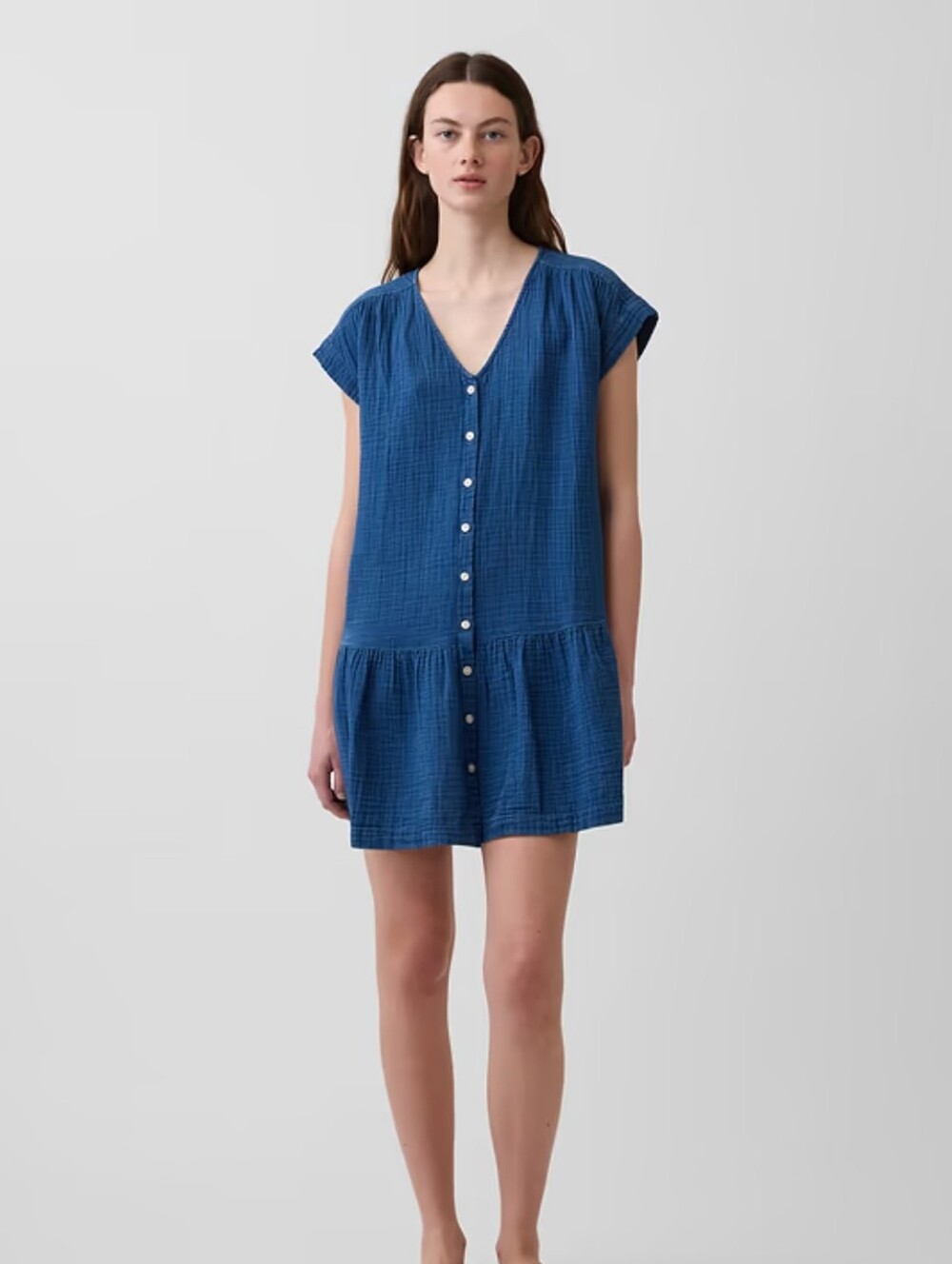Gap Cotton Gauze Drop-Waist Shirtdress. Blue. Large Tall.